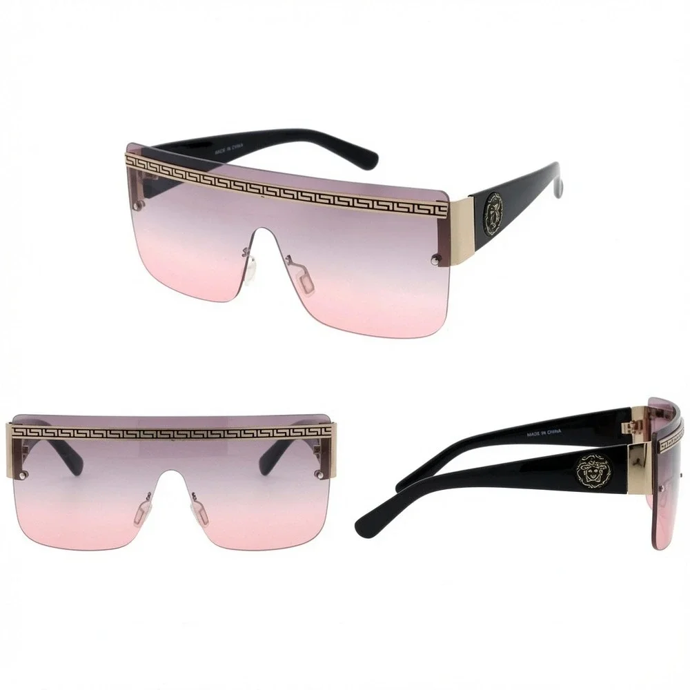Women Shield Sunglasses Pink Gradient Flat Top Style Gold Black Luxury Trendy